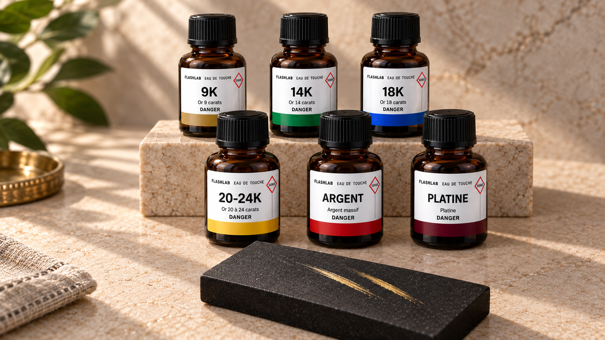 Les six réactifs FlashLab en quinconce, bandes de couleur 9K, 14K, 18K, 20-24K, argent et platine