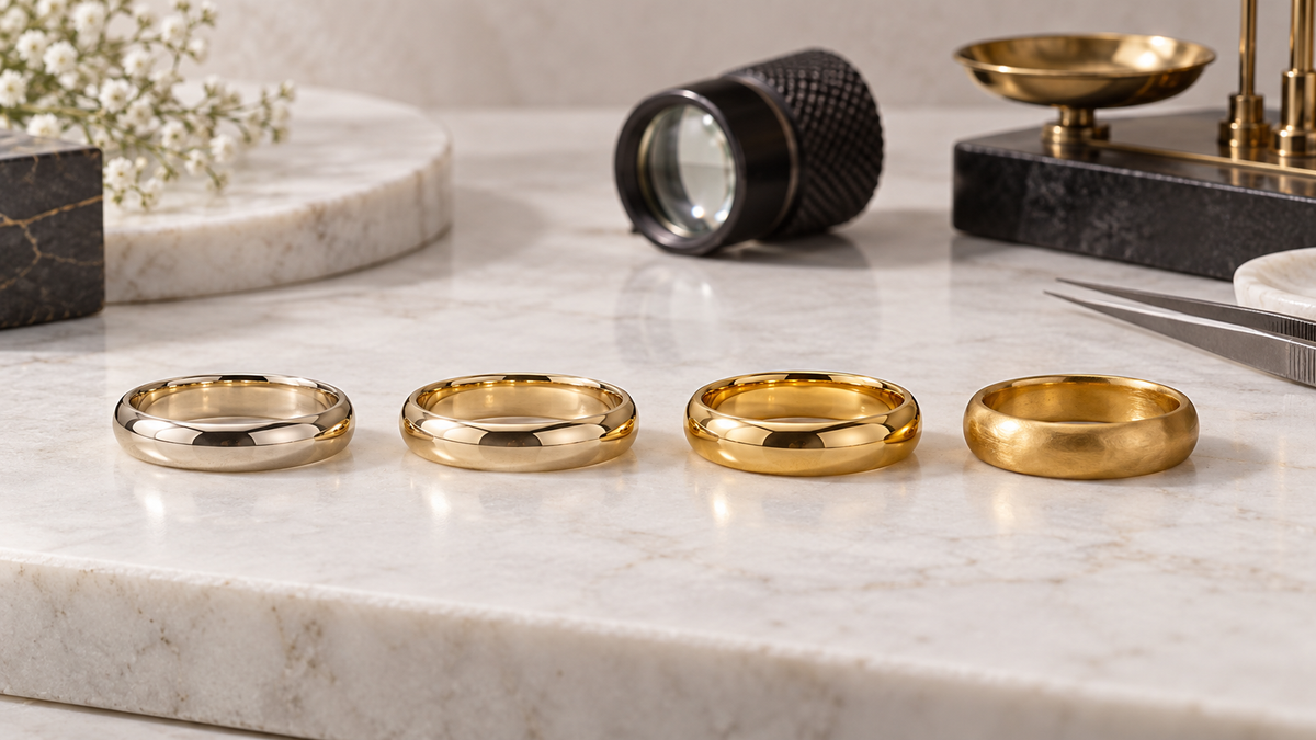 Quatre anneaux en or illustrant les différences entre 9, 14, 18 et 24 carats