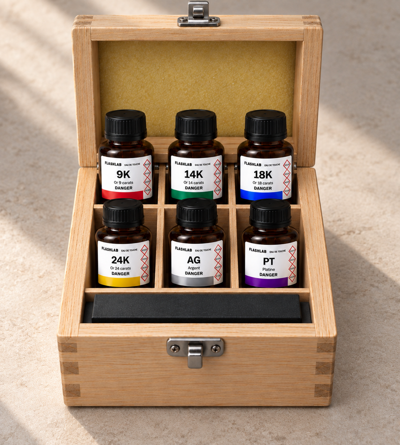 Coffret bois FlashLab complet avec six réactifs or, argent et platine et pierre de touche