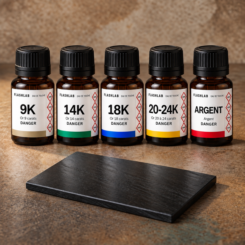 Kit FlashLab test or et argent 5 réactifs 9K à 20-24K et argent avec pierre de touche