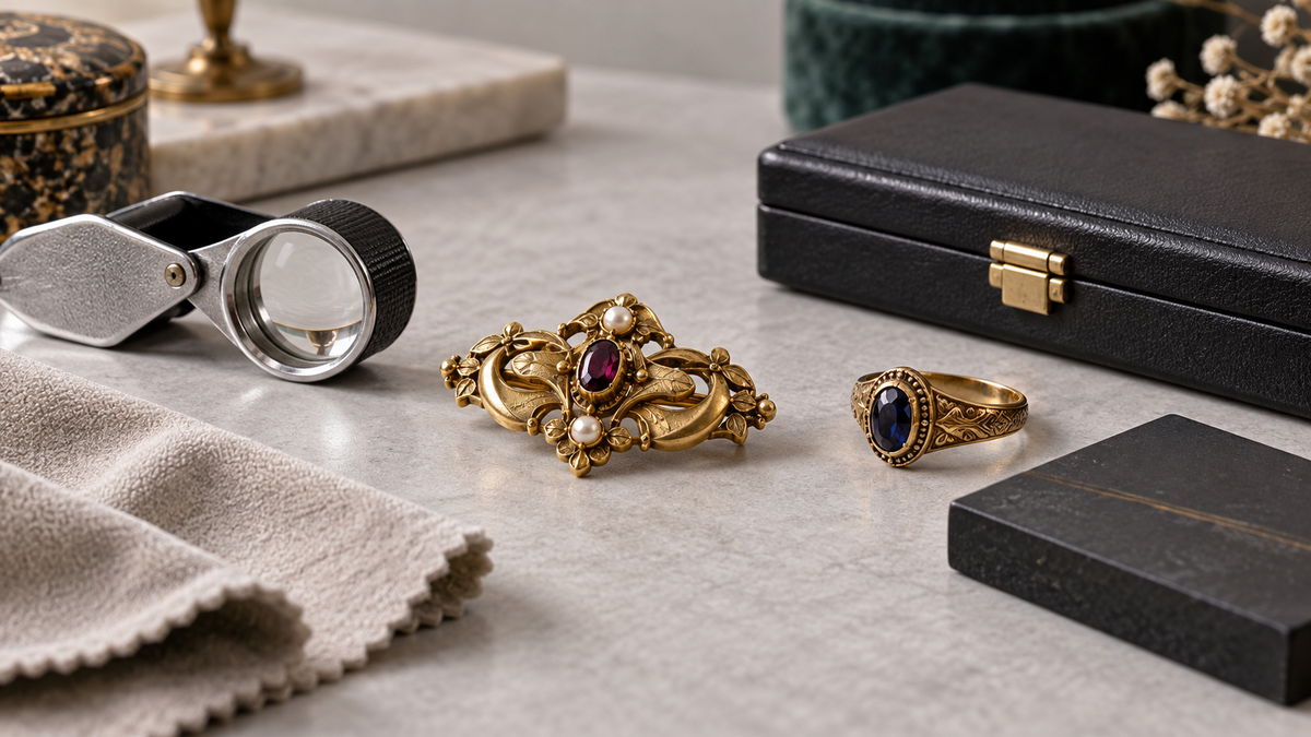 Broche et bague anciennes examinées avec une loupe avant nettoyage ou test