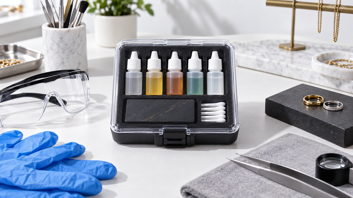 Kit de test pour l'or et l'argent rangé avec lunettes et gants de protection
