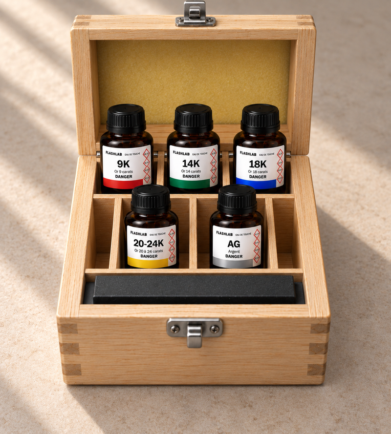 Coffret bois FlashLab avec cinq réactifs or et argent et pierre de touche