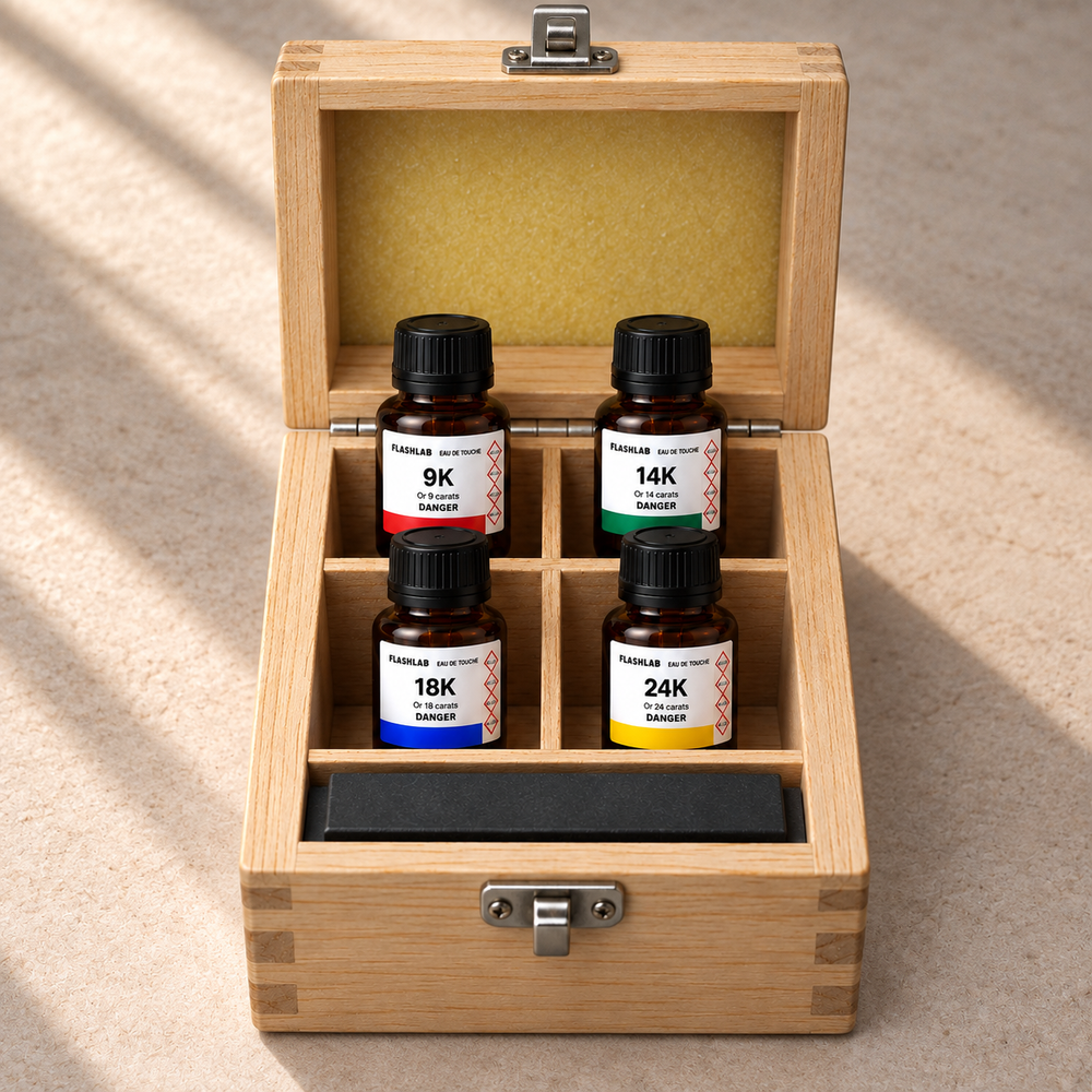 Coffret bois test or 4 réactifs et pierre de touche