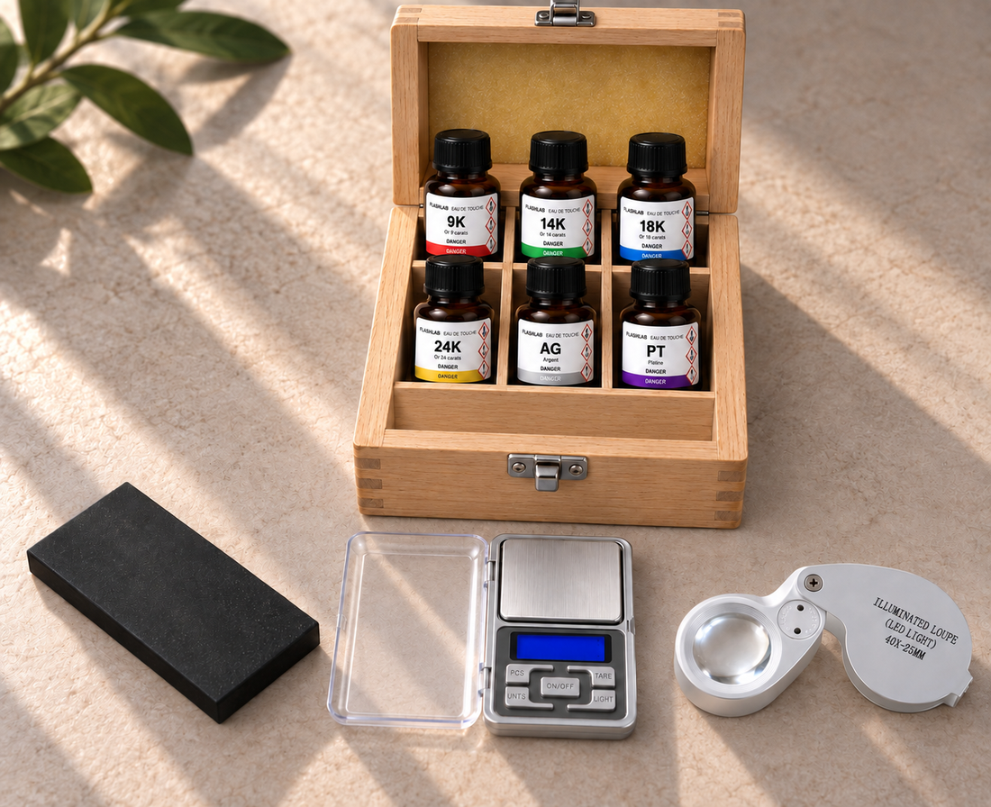 Coffret Expert FlashLab : six réactifs en coffret bois, pierre de touche, balance de précision et loupe éclairée 40x