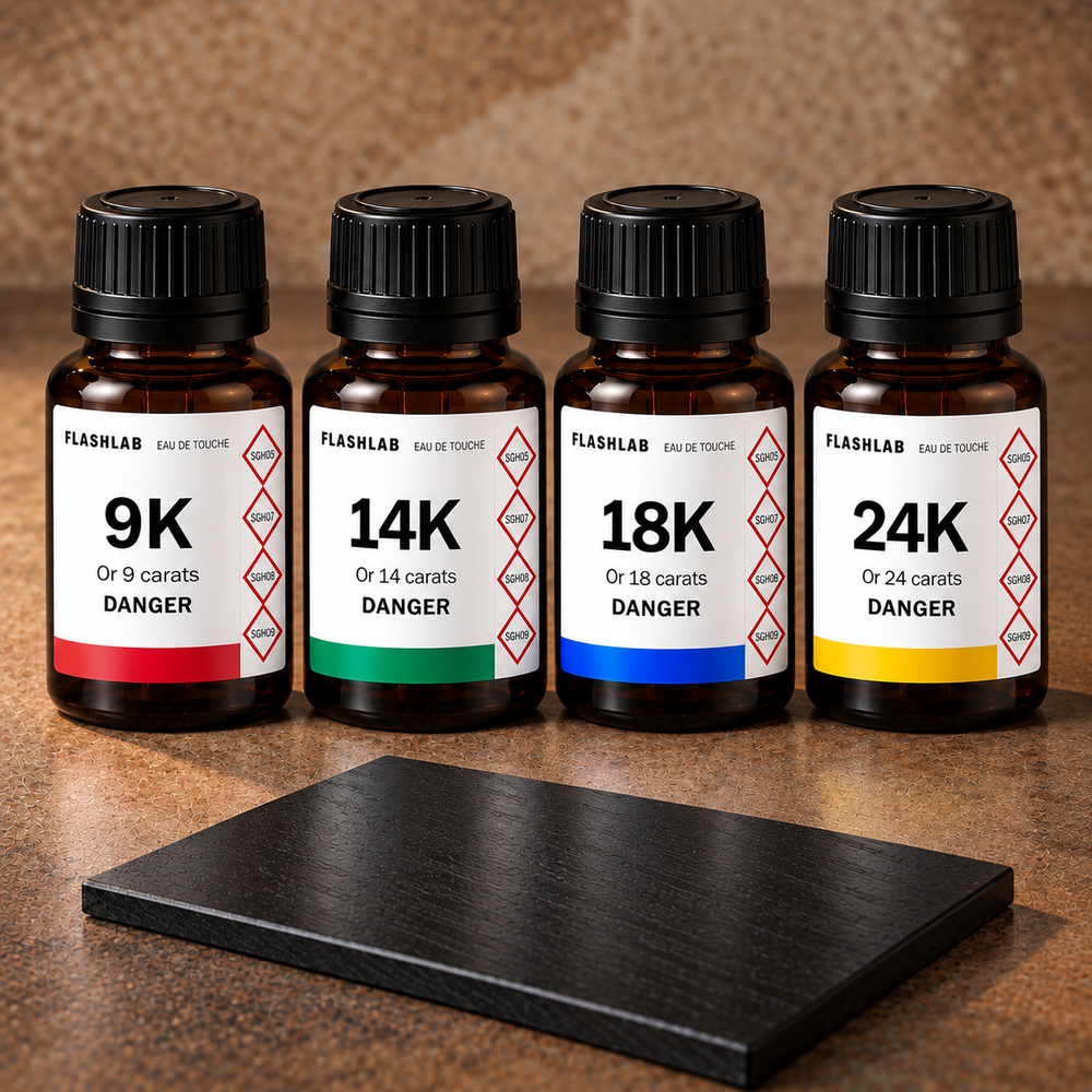 Kit FlashLab test or 4 réactifs 9K, 14K, 18K et 20-24K avec pierre de touche