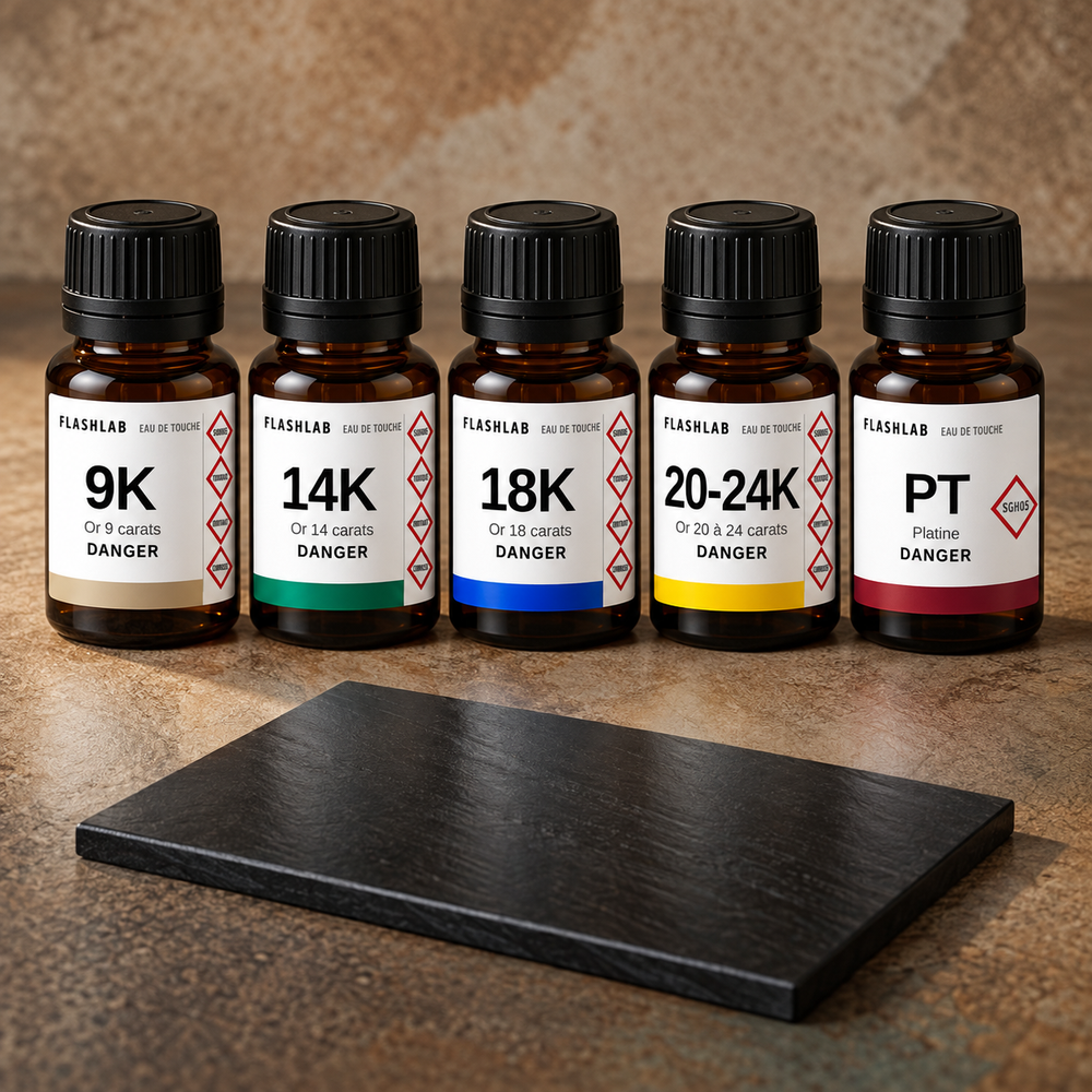 Kit test or et platine 5 réactifs 9K à 24K et pierre de touche
