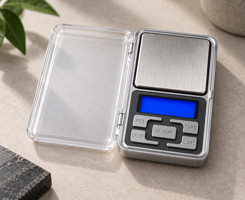 Balance de précision FlashLab au centième de gramme, plateau inox et capot transparent