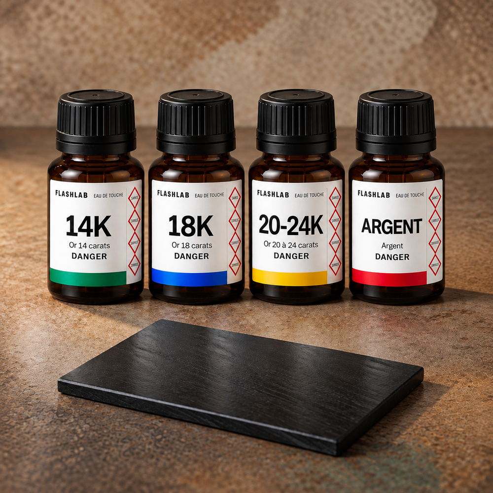 Kit test or et argent 4 réactifs et pierre de touche