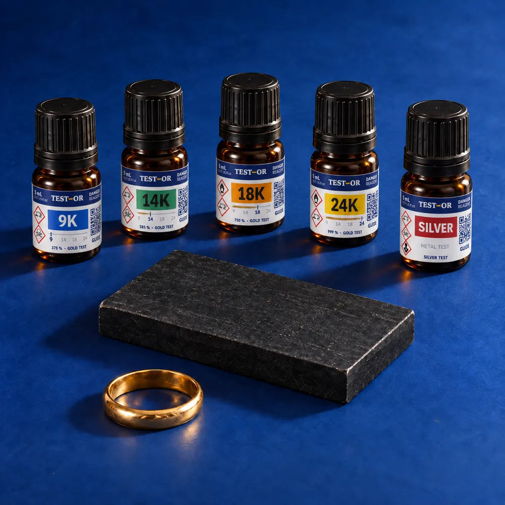 Kit test or et argent 5 réactifs 9K à 24K et pierre de touche