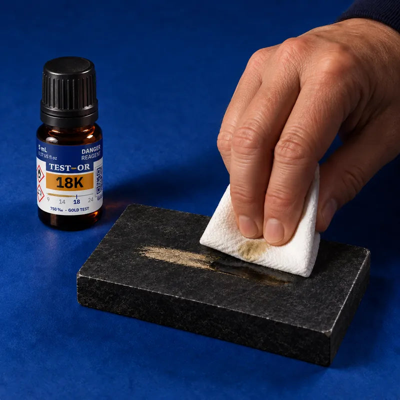 Un papier absorbant tamponne le réactif sur la pierre, flacon refermé à côté